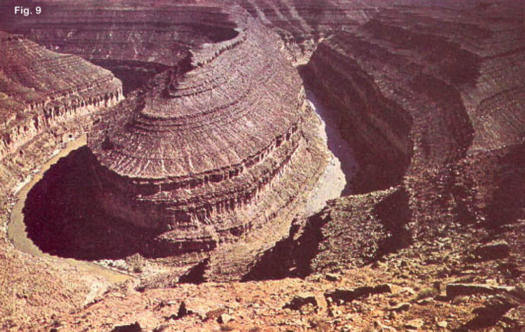 La peculiarità ed irrepitibilità dei MEANDRI DI SAN SALATORE la possiamo meglio cogliere indicando un esempio di interesse mondiale: il Gran Canon del Colorado. Esso presenta splendidi mendri incastrati (Fig. 9), ma quelli di S. Salvatore, di paragonabile spettacolarietà, hanno una ulteriore inestimabile prerogativa: a differenza di quelli del Colorado son intagliati nelle assise rocciose più giovani di quelle che le sovrastano.