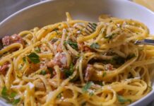 Linguine con pesto e coppa piacentina